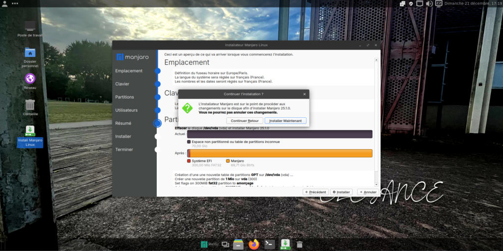 La confirmation des réglages avant l'installation