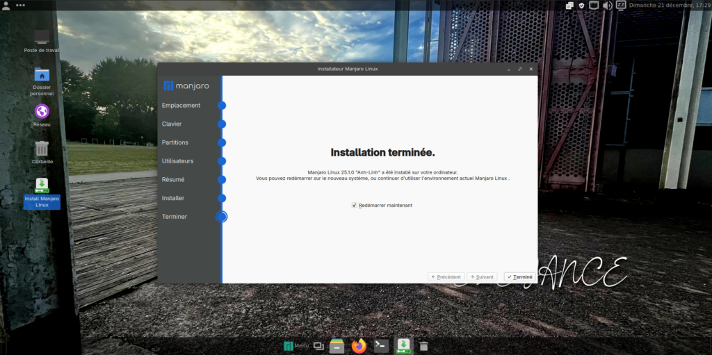 Fenêtre indiquant l'installation terminée